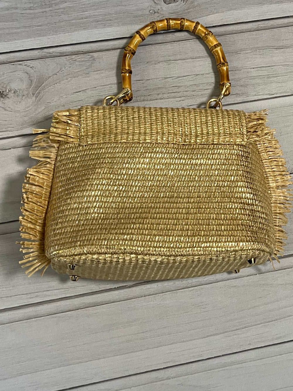 New Tommy Bahama gold bamboo raffia fringe crossbody hand bag purse - Picture 8 of 16